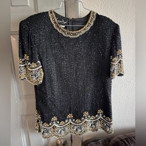 Laurence Kazar Black Beaded Short Sleeve Top with Gold & Silver Embellishment